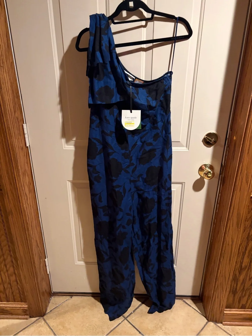 NWT Kate Spade New York One Shoulder Floral Jumpsuit Size 8 Blue Black Wide Leg